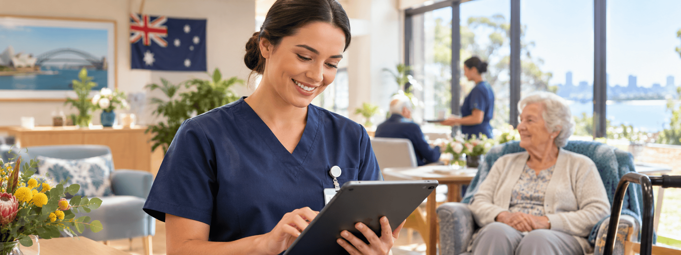 Aged care nurse reviewing a resident care plan on a tablet