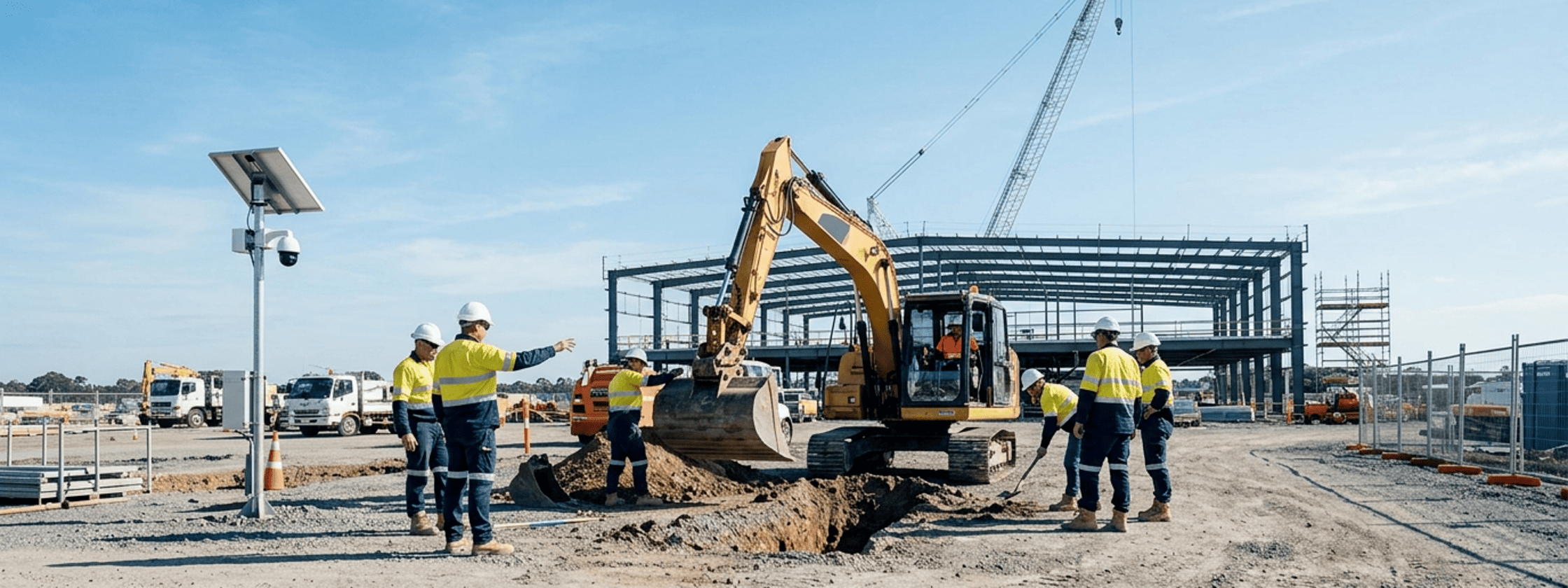 Construction site with excavator and workers in high-visibility clothing