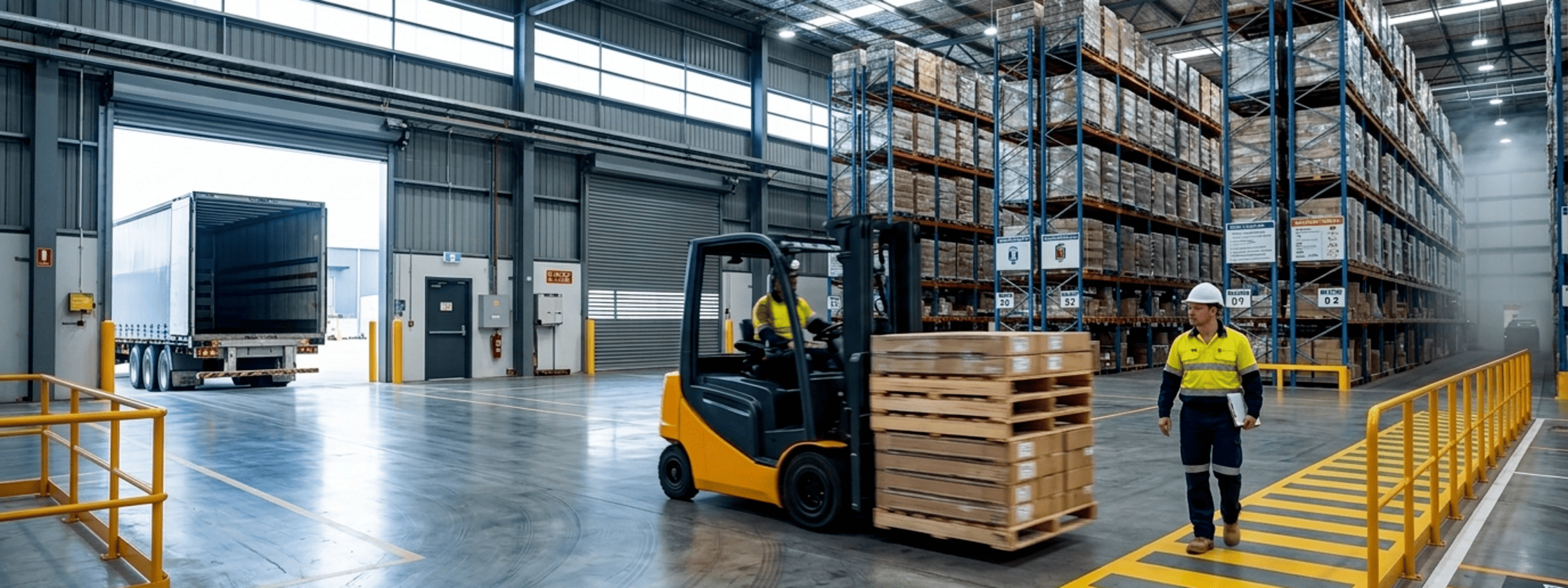 Warehouse dock with forklifts and freight, monitored by Flagman AI safety cameras