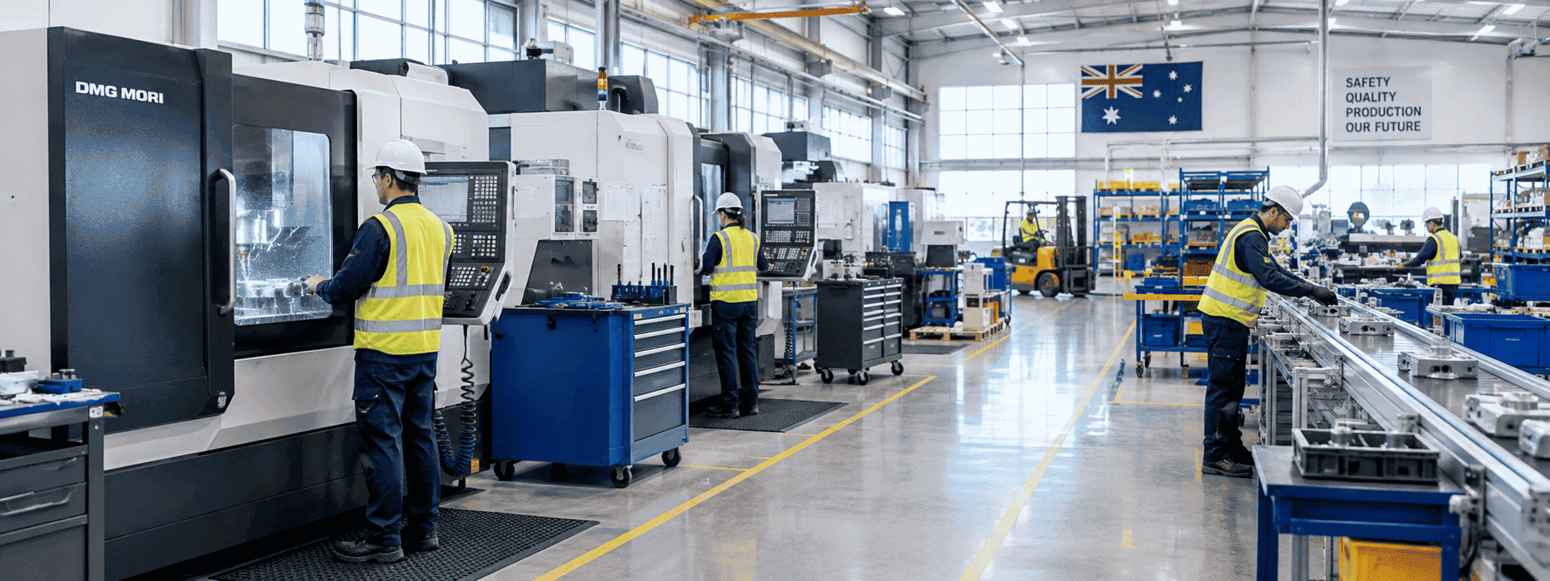 Factory floor with workers in PPE operating production machinery