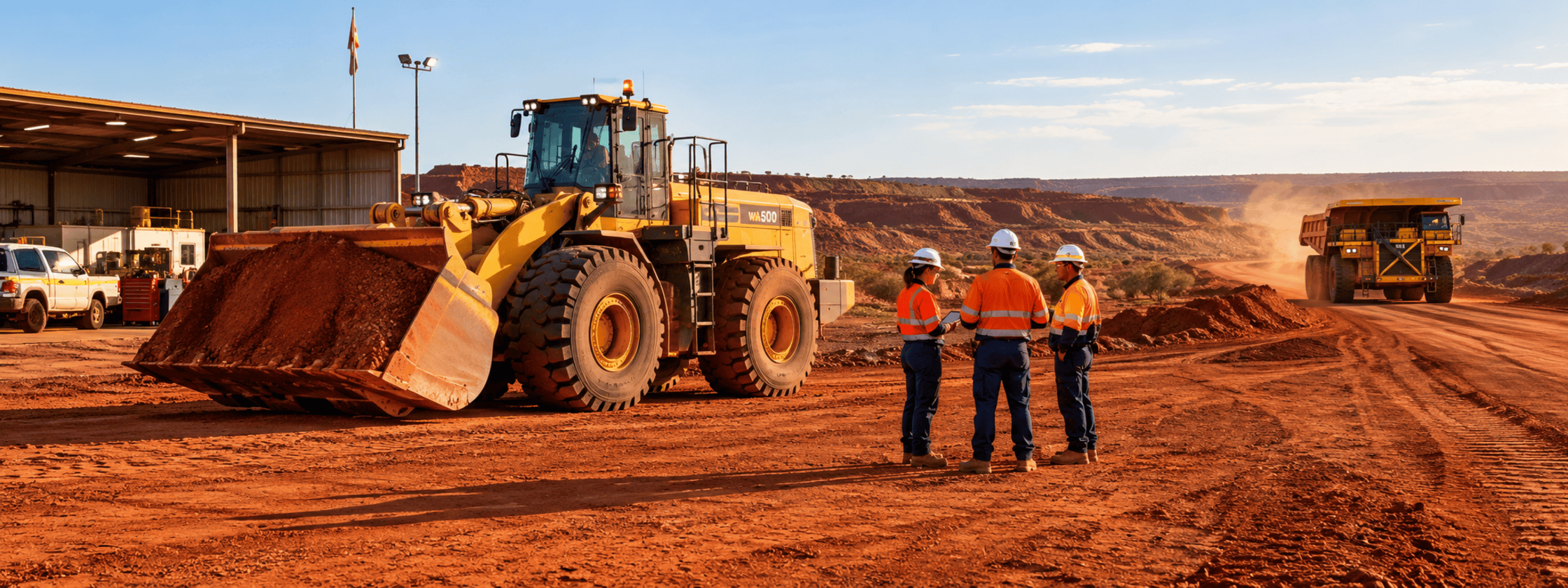 Mining workshop with haul truck and maintenance crew in high-visibility clothing