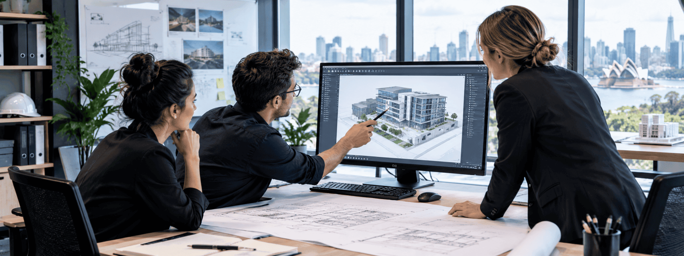 Engineers and an architect reviewing a building model on a large screen