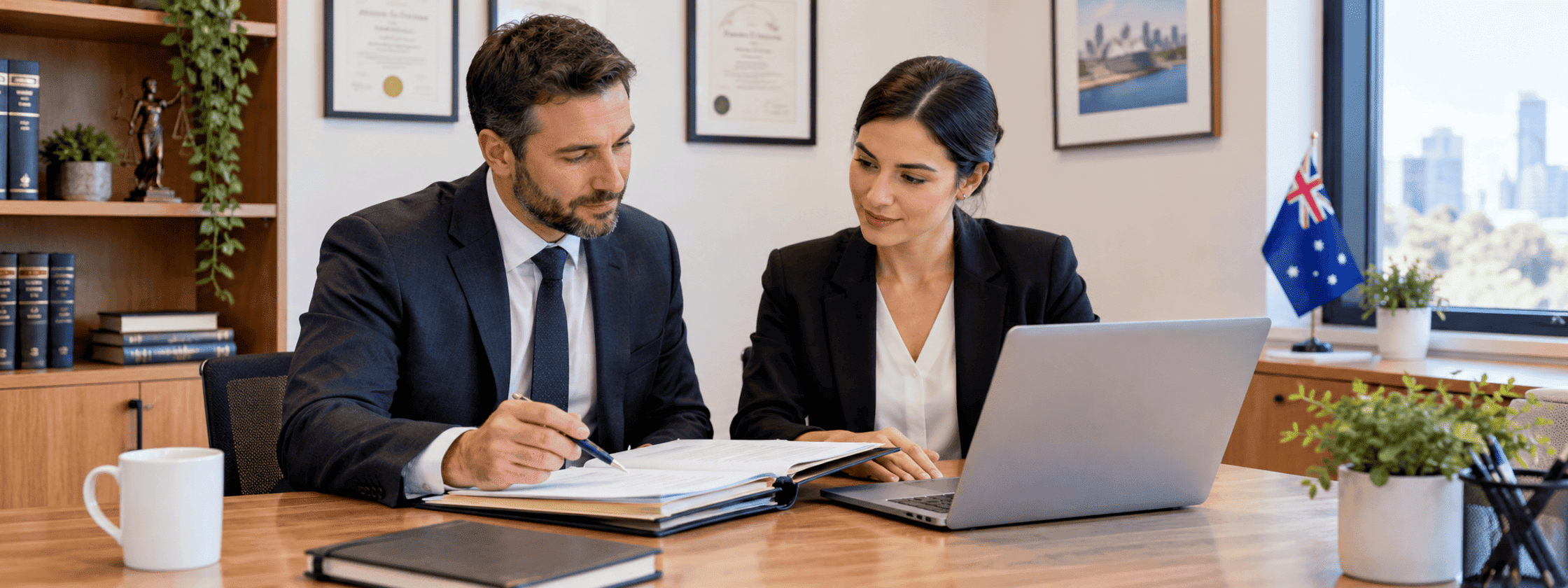 Lawyer and conveyancer reviewing a settlement file at a desk