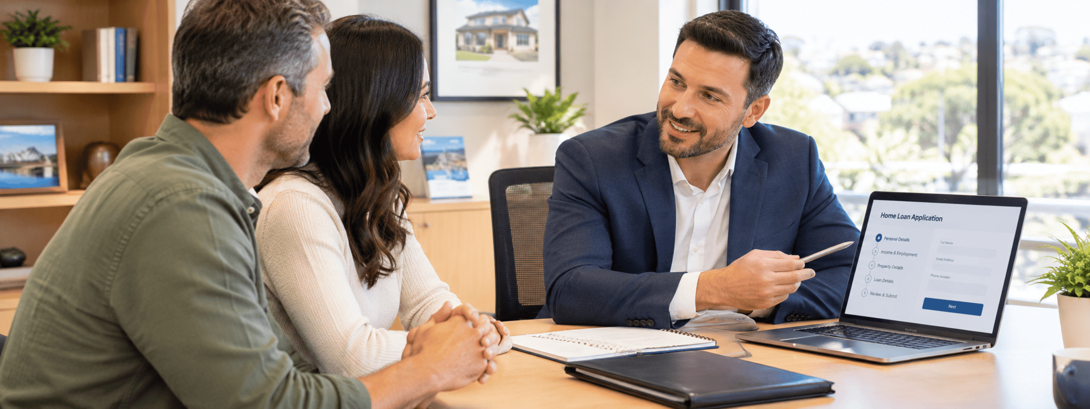 Mortgage broker reviewing a client's loan application on a laptop