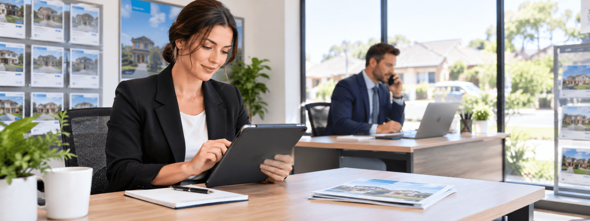 Property manager checking a maintenance request on a tablet in an agency office
