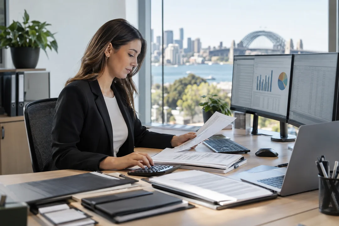 Accountant working with client documents and dual screens