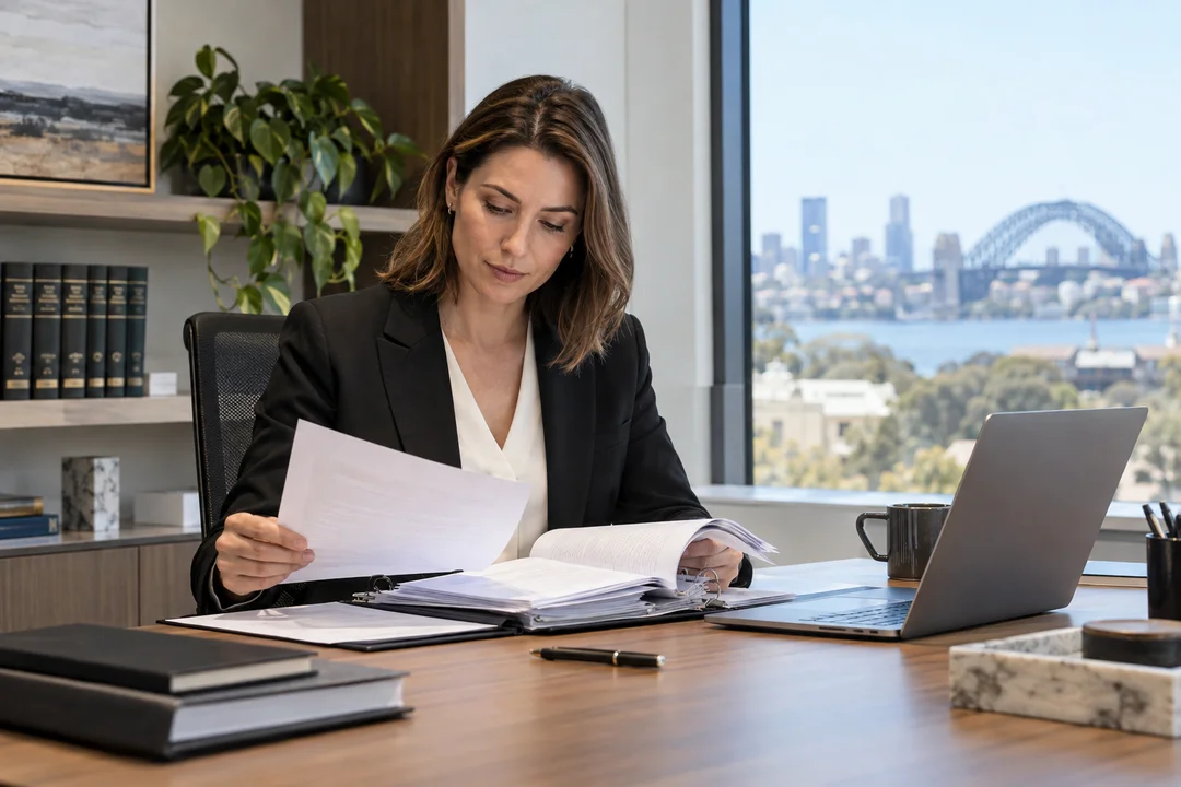 Lawyer reviewing a matter file in a law office