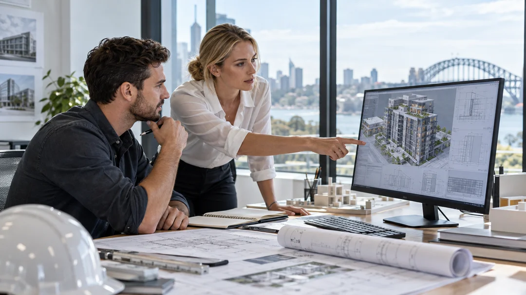 Engineers reviewing project drawings on a screen