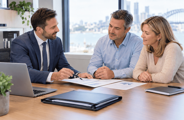 Financial adviser meeting a client couple in an office