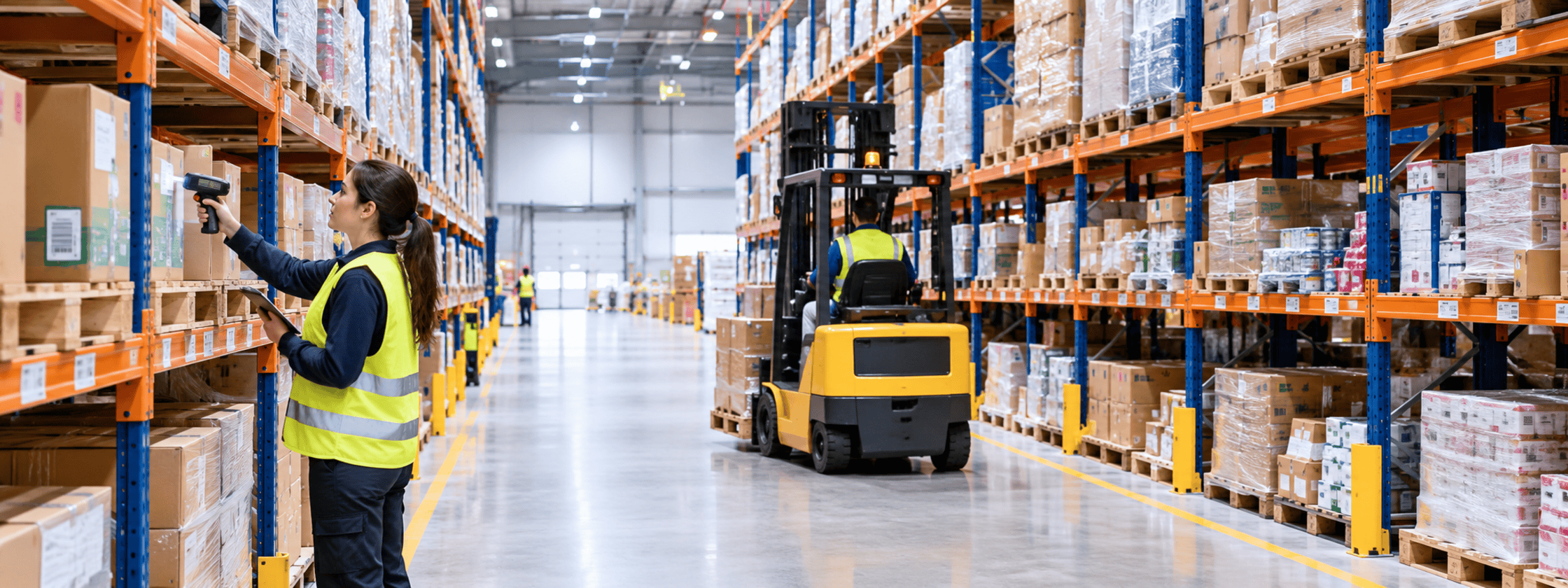 Warehouse aisle with a forklift and picker working between pallet racking